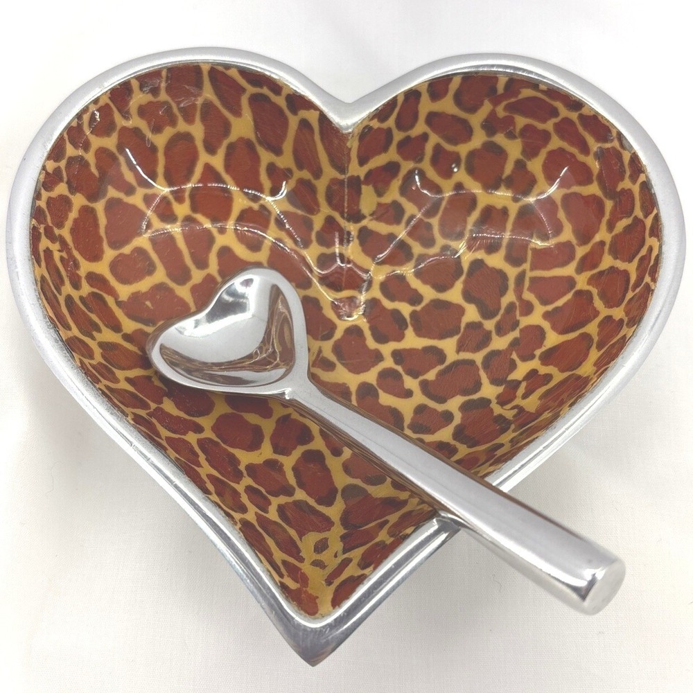 Inspired Generations Cheetah Heart Bowl Aluminum Candy Trinket Dish With Spoon